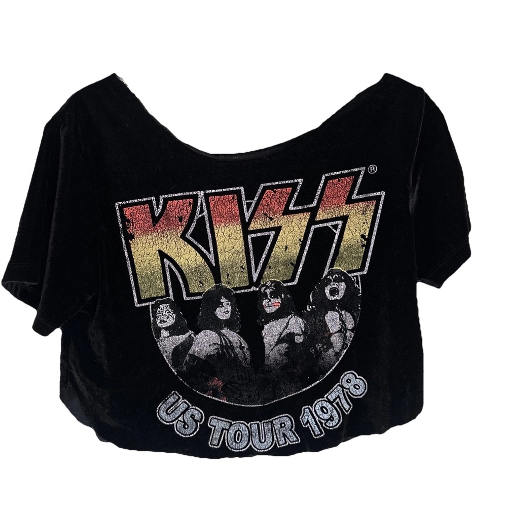 KISS US Tour 1978 Velour Crop Top Womens Medium Licensed Band Tee Rock EUC